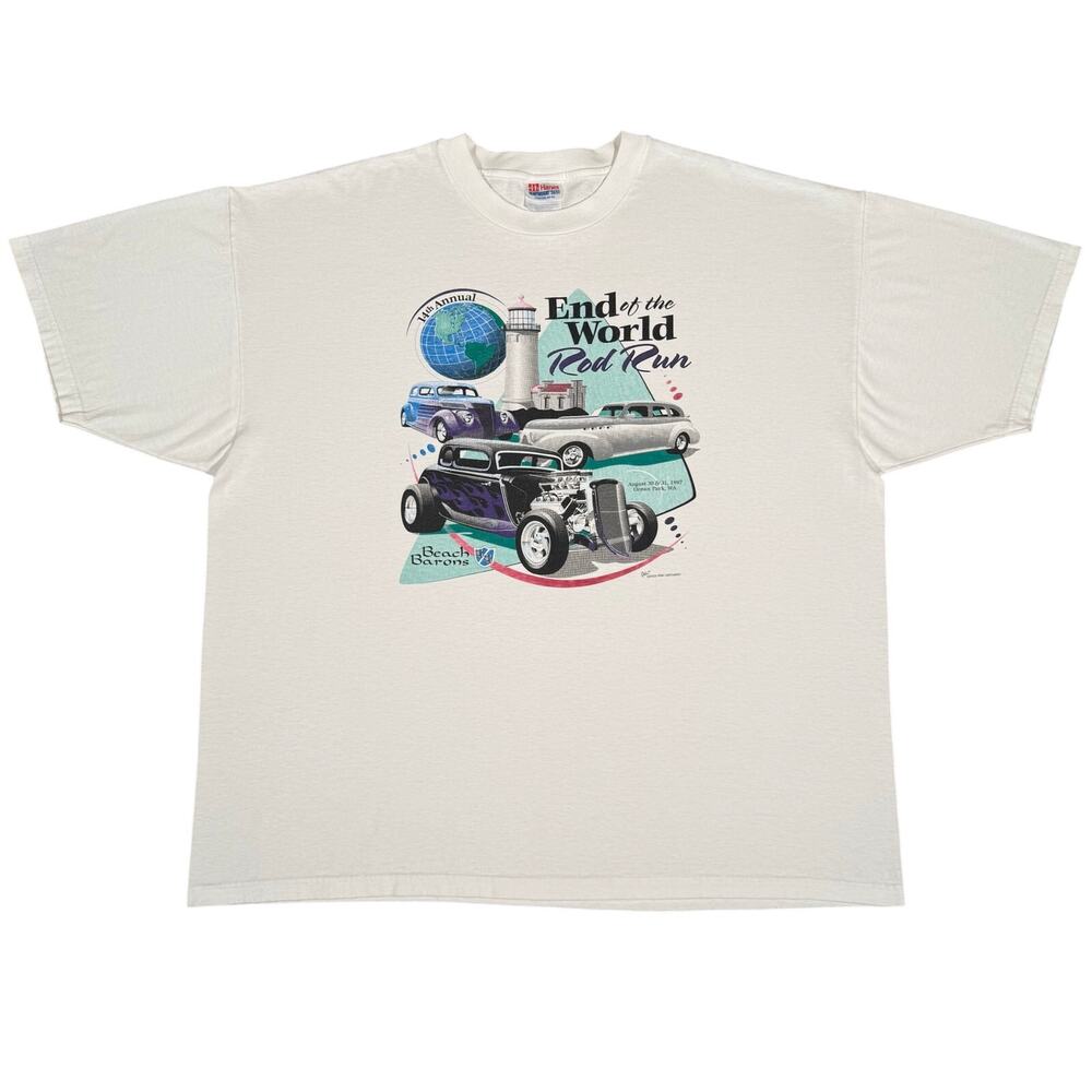 Vintage 90s End of the World Rod Run Shirt Beach Barons Cars Washington XXL
